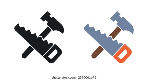 Icono de la sierra de mano y del martillo fijado en versión negra y coloreada
