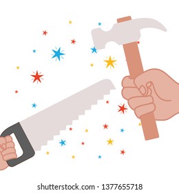 hand with saw and hammer isolated icon