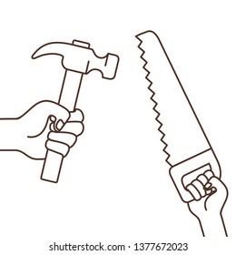 hand with saw and hammer isolated icon