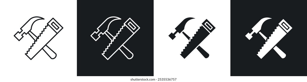 Hand saw and hammer vector icon set in black and white. EPS 10 illustration