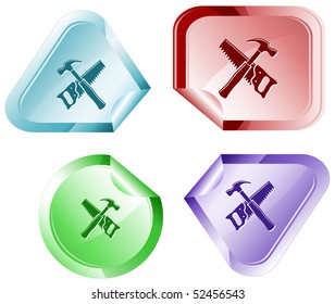 Handsäge und Hammer. Vektoraufkleber.