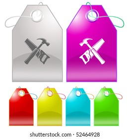Hand saw and hammer. Vector tags.