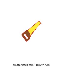 Icono de la sierra de mano. Icono de construcción. Sencillo, plano, contorno, amarillo, marrón.
