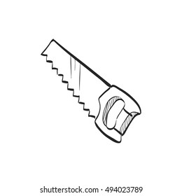 Hand saw icon in doodle sketch lines. Carpenter tool equipment manual construction traditional