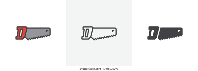 Hand saw icon. Line, glyph and filled outline colorful version, hacksaw outline and filled vector sign. Symbol, logo illustration. Different style icons set. Vector graphics