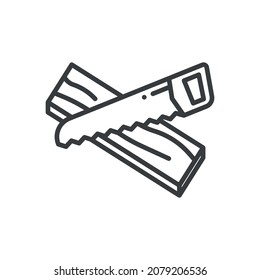 Hand saw icon sawing a board. A simple line drawing of a flat board and a hand saw, a symbol for sawing wood. Isolated vector on pure white background.