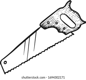 Hand saw icon in sketch style. Woodworking tool vector illustration.