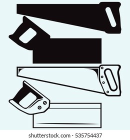 Hand saw. Isolated on blue background. Vector silhouettes
