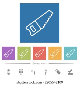 Hand saw outline flat white icons in square backgrounds. 6 bonus icons included.