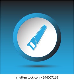 Hand saw. Plastic button. Vector illustration.