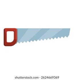 Hand saw with red handle cutting wood plank isolated on white background