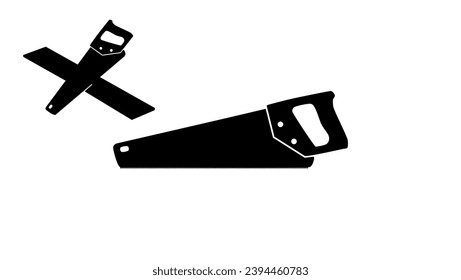 Hand saw, sawing with a hand saw, black isolated silhouette