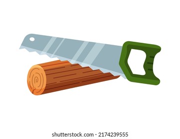 Hand saw sawing a tree. Cutting wood and logging wood industry concept. Isolated vector illustration in flat cartoon style.