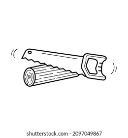 Hand saw sawing a tree. Hand drawn icon in sketch doodle style. Isolated vector illustration.