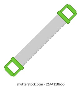 Hand saw for sawing wood. Green handlesaw flat symbol. Isolated image on a white background.
