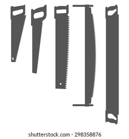 Hand saw. Set of silhouettes carpentry tools for sawing wood products. One-handed and two-handed saw. Can be used for articles and posters on the theme of manual works. Vector illustration.