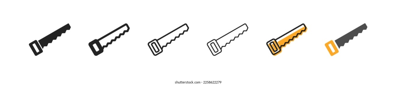 Hand saw set of six icons in different styles. Timber, construction, repair,gear, stainless steel, locksmith, tree felling, boards, agricultural tools,blade,industry.Tools concept. Set of vector icons