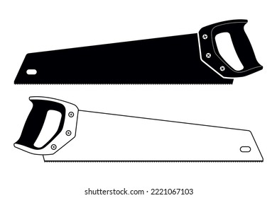 Handsäge Silhouette und Outline. Vector Hacksaw Isolated Illustration. Tischlerwerkzeug, Holzschneidegerät