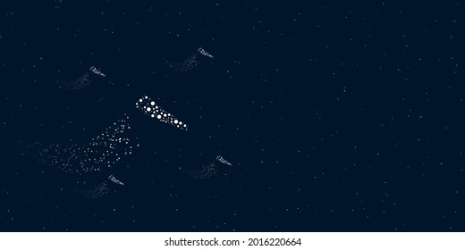 A hand saw symbol filled with dots flies through the stars leaving a trail behind. Four small symbols around. Empty space for text on the right. Vector illustration on dark blue background with stars