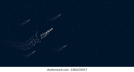 Un símbolo de la sierra de mano lleno de puntos vuela a través de las estrellas dejando un rastro detrás. Cuatro pequeños símbolos alrededor. Espacio vacío para texto a la derecha. Ilustración vectorial sobre fondo azul oscuro con estrellas