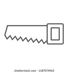 Hand saw thin line icon, tool and repair, handsaw sign, vector graphics, a linear pattern on a white background, eps 10.