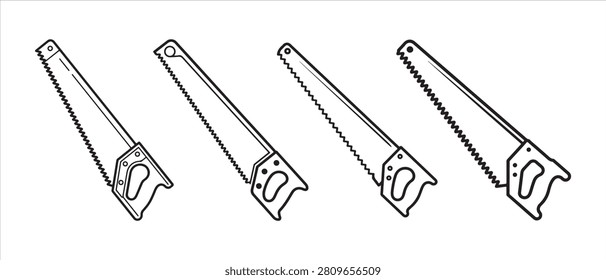 Hand Saw Tool Collection Featuring Various Blade Designs in a Minimalist Black and White Line Art Style.