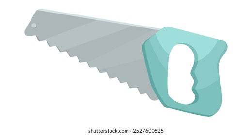 Hand saw with a turquoise handle and a serrated blade. Vector illustration