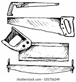 Hand saw. Two-handed saw. Isolated on white background. Vector, doodle style