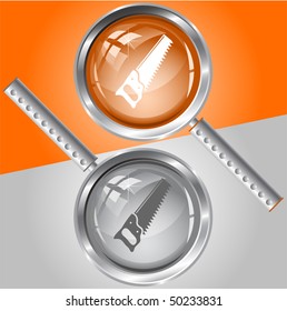 Hand saw. Vector magnifying glass.