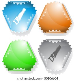 Hand saw. Vector sticker.