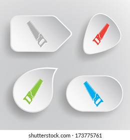 Hand saw. White flat vector buttons on gray background.