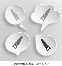 Hand saw. White flat vector buttons on gray background.