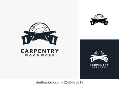 Hand saw and wood for carpentry logo design