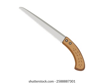 Hand saw with wooden handle, sharp serrated blade, woodworking and gardening tool illustration