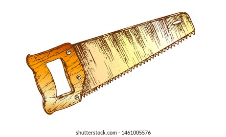 Hand Saw Woodworker Instrument Closeup Vector. Saw Equipment For Cutting Wood. Handyman Manual Toothed Tool For Repair And Construct Drawn In Retro Style Color Illustration