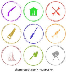 Handsäge, Werkstatt, Schraubenzieher und Spanner, Handbohrer, Thermische Antriebstechnik, Handtuch, Betonmischer. Industrielle Werkzeuge. Internetknopf. Vektorsymbole.