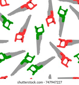 Hand Saws In Christmas Colors Of Red And Green Over A White Background. Seamless Vector Repeating Pattern. Useful For Male / Masculine Holiday Projects