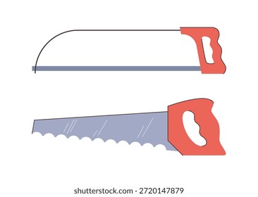 Sierras manuales con cuchillas afiladas y asas. Vector en estilo plano, conjunto aislado de herramientas para manitas y obreros en construcciones. Corte de madera y metal, equipos modernos para el mantenimiento y la construcción