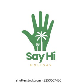 hand say hello to holidays coconut trees logo design vector icon illustration template