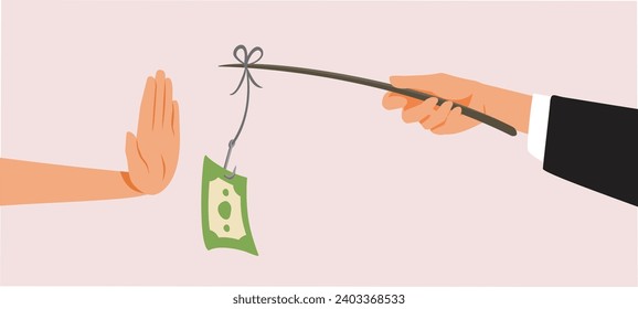 
Hand Saying No to Bribe Money Vector Cartoon Illustration. Person staging a failed flagrant of offering dirty money bribery 
