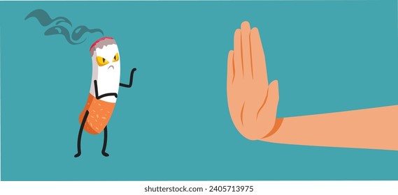 
Hand Saying no to Smoking Vector Cartoon illustration. Person rejecting a bad habit being vocal anti-smoking activist  
