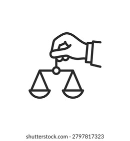 Hand with scales, linear icon. Fair judgment and balanced decision making. Line with editable stroke.