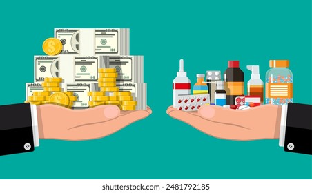 Handwaagen mit einem Haufen Geld und Flaschen mit Drogen und Pillen. Krankenversicherung und Gesundheitswesen. Kauf und Verkauf von Drogen. Apotheke Shop. Vektorillustration im flachen Stil