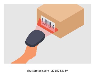 Escaneo de mano de código de barras en la caja con la pistola de escáner de código de barras. Ilustración plana simple en vista isométrica.