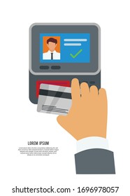 Hand scanning ID card to the attendance machine. Simple flat illustration