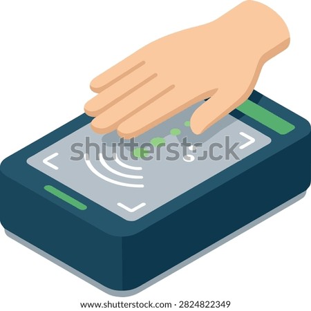 Hand scanning on a large biometric touchpad for access control. Isometric view of a hand flat on a digital scanner surface with light signals indicating processing. Ideal for security technology marketing or tech-related articles.