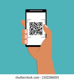 Hand scanning QR code in mobile phone. Barcode, qrcode scanning in app of smartphone. Scan ID payment in phone. Flat online payment. vector