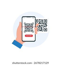 Digitalização manual da ilustração do vetor de código QR. Design do conceito do scanner de código QR