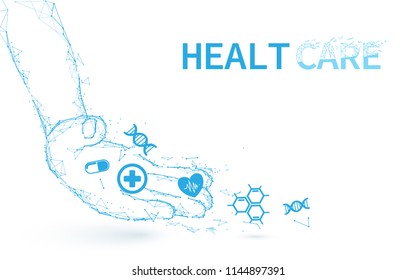 Hand and science icons form lines, triangles and particle style design. Illustration vector