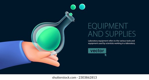 Hand of scientist holding chemical sphere flask. Realistic 3D render. Vector cartoon plastic style. Education, Biotechnology, Research, Medical, and Pharmacy laboratory illustration for web banner.